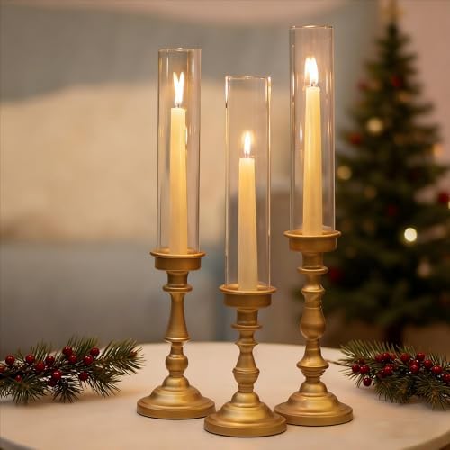 NUPTIO Hurricane Candle Holder for Centerpiece: Set of 3 Gold Can...