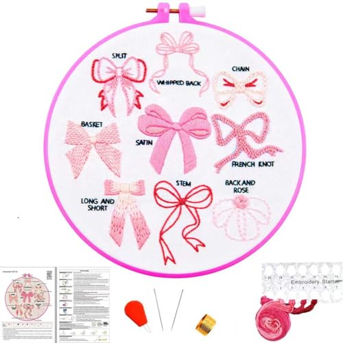 Image of Pink Bowknot Embroidery Kits for Beginners Adults, Cute Hand Embroidery Starter Kits, Counted Cross Stitch Kits for Beginners DIY Craft Kits for Adults Women, Embroidery Hoops, Thread & Video Tutorial