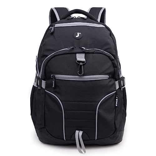 Image of J World New York Atom Laptop Backpack - Ergonomic Backpack for School with Air Mesh Padded Shoulder Straps - 600D Polyester Work Backpack for Men and Women - Stylish Design (BLACK)