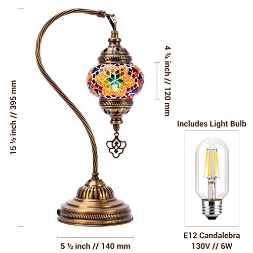 Retrago Home Decor Turkish Moroccan Mosaic Table Lamp - Tiffany Handmade Colorful Mosaic Lamp, Decorative Glass Antique Bohemian Vintage Lamp Shade, Swan Neck Bedside And Table Desk Lamp,15 ½ Inch #TOP7