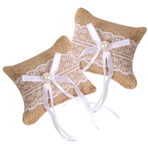 MALUGOGO Juego de 2 almohadas de arpillera con detalle de encaje, pequeños cojines de anillo de boda para compromiso y ceremonia, juego de almohadas decorativas para bodas, fiestas y propuestas