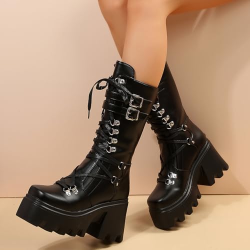 Image of Ulalaza Women Mary Jane Dress Pumps Lolita Shoes Cute Platform Gothic Double Ankle Strap Round Toe Chunky Heel Uniform Pumps Shoes Perfect for School Party Business Work Dance Date Night Club