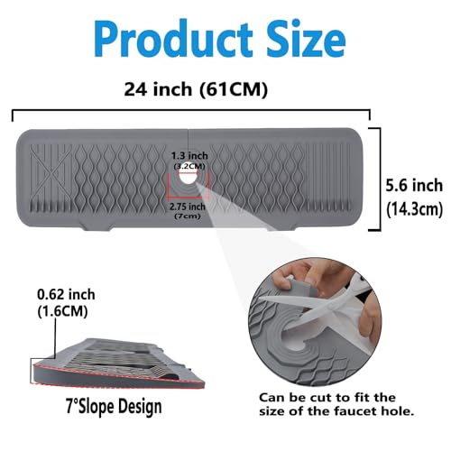 Image of EBIGIC 24 Inch Silicone Faucet Mat for Kitchen Sink, 7 Slope Fast Self-Draining Sink Splash Guard, Kitchen Sink Water Catcher Organizer, Kitchen Sink Accessories (Gray, 24''x5.6'')