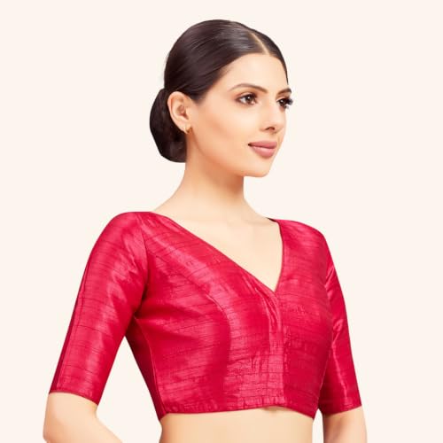 Image of Studio Shringaar Women Readymade Raw Silk V Neck Saree Half Sleeve Blouse