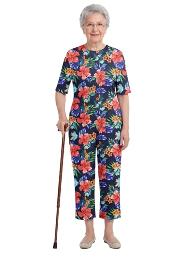 Oyolan Femme Grenouillère De Soin Manches Courtes Personnes Âgées Alzheimer Adulte Patient Combinaison Pyjama Fermeture Éclair dans Le Dos Bleu Marine L