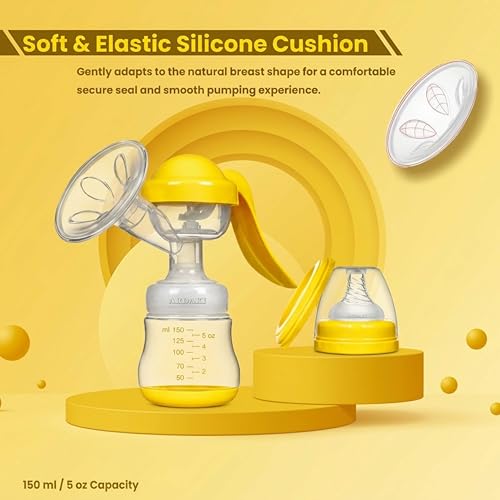 Image of ARDAKI Breast Pump for Feeding Mothers, 3 Level Suction Adjustment, Flexible Silicone Massage Cushion & Ergonomic Handle for Easy & Painless Breast Milk Expression Manual Breast Pump BPA Free (YELLOW)