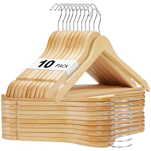 HOUSE DAY Wooden Hangers 10 Pack, Solid Wood Hanger with Non Slip Pant Bar, Heavy Duty Wooden Coat Hanger for Closet, Smooth Finish Wood Clothes Hangers for Shirts, Suits, Jackets, Dress, Natural