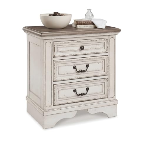 Signature Design by Ashley Realyn French Country 3 Drawer Nightstand with Electrical Outlets & USB Ports, 27.75' Tall, Chipped White