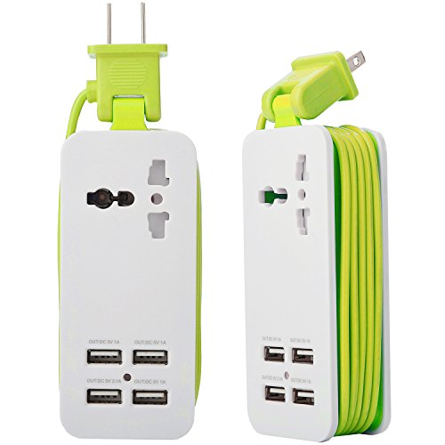 Mini USB Power Strip, 4 Port USB Charger Station 5V 2.1A-1A 21W Travel Charging Strip Outlets 5ft Extension Power Supply Cord with Universal Flat Wall Plug 100V-240V Input USB Power Sockets (Green)