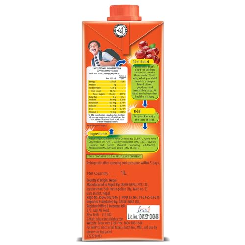 Image of DABUR Real Cranberry Fruit Juice-1L (Pack Of 6)|Rich In Vitamin C|No Added Preservatives|Goodness Of Best Cranberries|Daily Dose Of Fruit Nutrition|Tasty,Refreshing&Energizing Fruit Drink