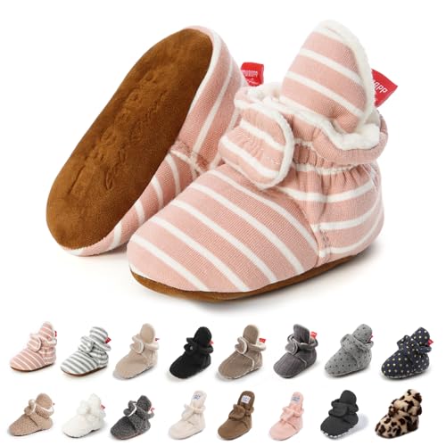 Image of KIDSUN Infant Baby Boy Girl Cozy Fleece Bootie Newborn Stay On Slipper Winter Warm Gripper Non-Slip Crib Shoes