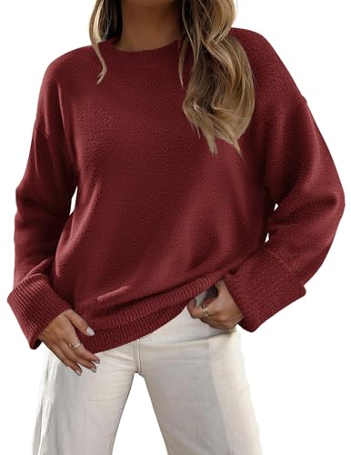 Image of Zeagoo Oversized Jumper Womens Round Neck Long Sleeve Sweaters Chunky Knitted Winter Sweaters Fuzzy Autumn Tops Burgundy L