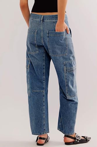 PLNOTME Womens Cargo Barrel Jeans High Waisted Boyfriend Baggy Denim Pants with 6 Pockets3
