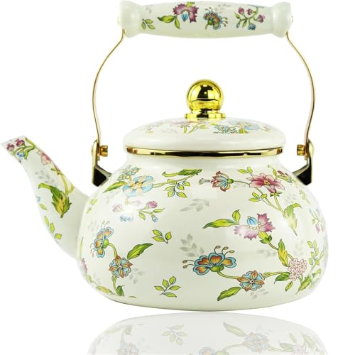 Tetera vintage de esmalte floral, estilo bohemio, color beige dorado, de 2,5 l, con mango ergonómico.