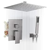 BWE 16 Inch Square Shower Head System 2-Functions Bathroom Luxury Rain Mixer Shower Combo Set Ceiling Mounted Rainfall Brushed Nickel Shower Faucet Rough-in Valve Body and Trim Included