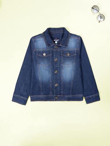 Image of KiddoPanti Boys Denim Jacket | Cotton Poly Blend with Spandex | Washed Denim, Full Sleeve | Button Closure & Front Flap Pockets | Collared Neck