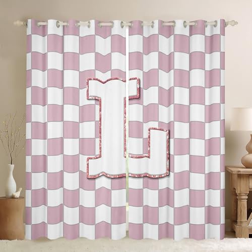 Image of Erosebridal Pink Initial L Blackout Curtains for Kids Girls Bedroom Kawaii Plaid Checkered Window Curtains 2 Panels 38 inchWx45 inchL Cute Personalized Monogram Drapes,Fashion Grids Gingham Window Treatments