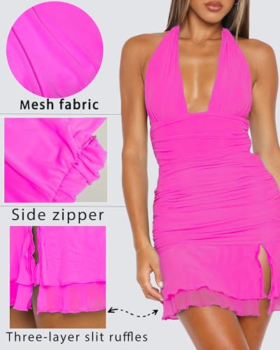 Image of Women's Summer Halter Dresses Sexy V Neck Backless Side Slit Ruched Waist Ruffle Cocktail Party Mesh Bodycon Mini Dress