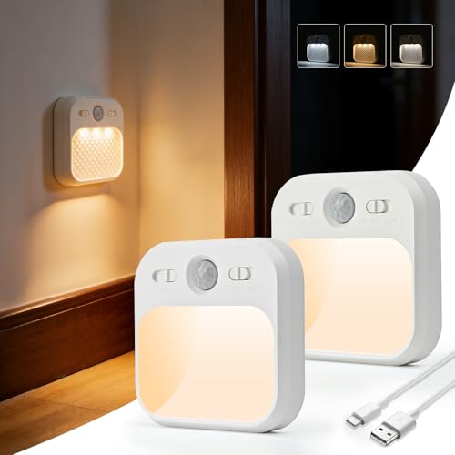 AmmToo Nachtlicht mit Bewegungsmelder 2 Stück USB-C Wiederaufladbar Dimmbare LED Nachtlampe Augenschonendes 3 Modi (Auto/An/Aus) einstellbare Helligkeit für Flur Treppe Kinderzimmer Küche deko