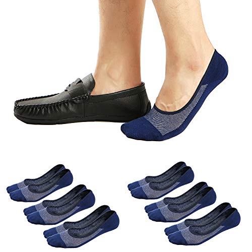 Ueither Chaussettes Basses Invisibles pour Homme, Socquettes Courtes Respirantes en Coton avec Silicone Antidérapant (Bleu marine (6 Paires), 38-43)