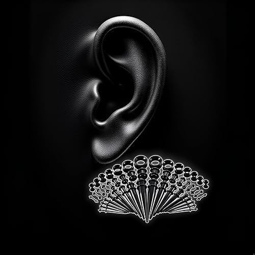 50 Pcs Black Ear Stretching Kit, Ear Stretching Kit, Acrylic Tapers Plugs and Silicone Tunnels, Ear Gauges Expander Set Body Piercing Jewelry for Women Men Christmas Birthday Gifts Piercing Jewelry