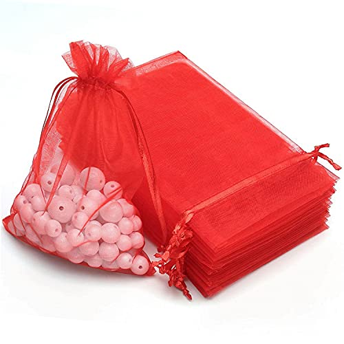 Lot de 100 bourses en organza, parfaites pour contenir des bonbons, des bijoux ou des petits cadeaux, pour confectionner des bonbonnières de mariage, disponible dans 10 couleurs, 7 x 9 cm, rouge