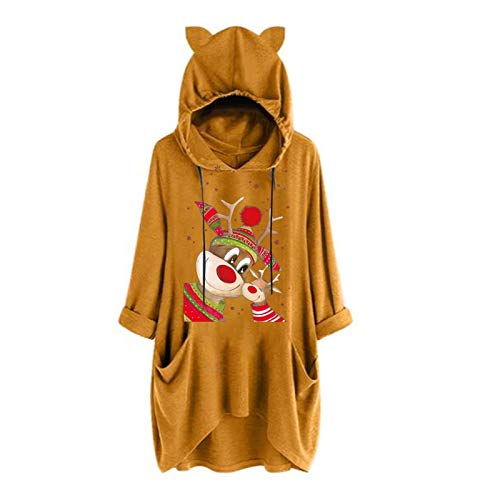 Weihnachten Damen Hoodie Kleid Pullover Langarm Kitzohren Sweatshirts Kapuzenpullover Tops Herbst Lange Ärmel Einfarbig Mantel Jacke