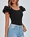 PRETTYGARDEN Women's Ruffle Short Sleeve Shirts 2025 Summer Casual Basic Tee Cute Fitted Crew Neck Fashion Tops Clothes (Black,Large)