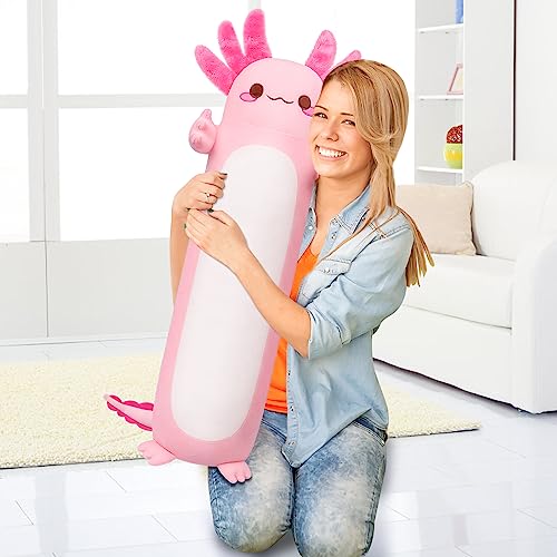 Image of Auspicious beginning 35.4inch Cute Axolotl Stuffed Animal Plush Pillow, Soft Kawaii Cat face Newt Plush Toy Body Pillow Gifts (Pink Salamander)