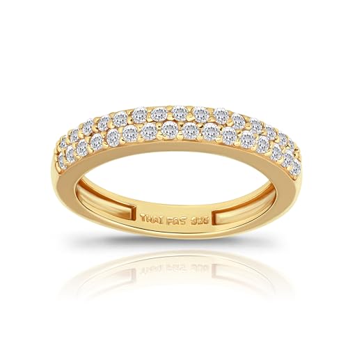 Hoops & Loops 925 Sterling Silver Cubic Zirconia 2-Row Round-Cut Eternity Band Ring for Women Teen Girls, Silver, Yellow & Rose Gold