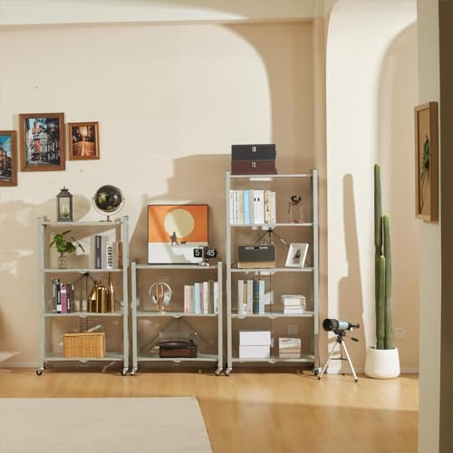 Image of DEANIC 4 Tier Foldable Storage Shelves with Wheels, Large Capacity Shelving Unit, Freestanding Metal Wire Shelf Rack, No Assembly Organizer Rack for Garage Kitchen, Basement, Pantry(Grey)