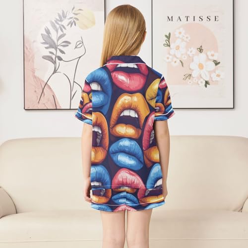 Satin Pajama Sets Short Sleeve Colorful Lips Art Pattern Button Down Silky Nightwear 2 Piece PJS 5-14Y4