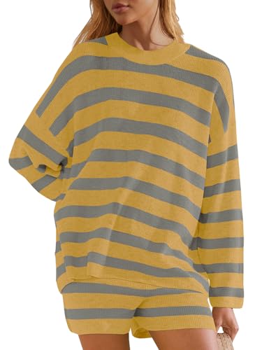 Image of Panadila Womens Striped Sweater Set Oversized Lounge Sets Matching Pajamas Long Sleeve Sweater Top and Shorts