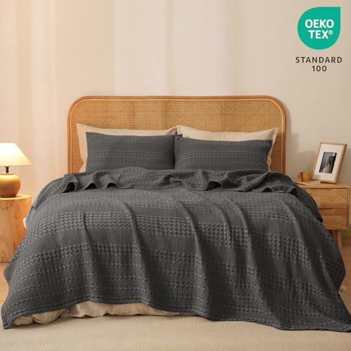 Image of PHF 100% Cotton Waffle Blanket Twin Size for College Dorm, Lightweight Breathable and Soft for Summer, Luxury Aesthetic Waffle Weave Blanket for Bed & Gifts for Women, 66 inchx90 inch, Charcoal Grey