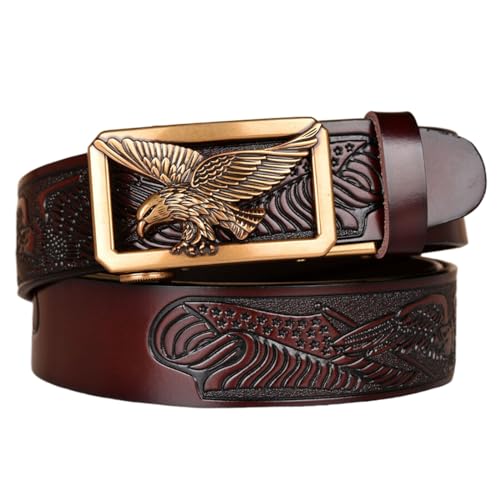 Belt Men Ratchet, Western Cowboy Belts for Men, Genuine Leather Embossed Belt with Eagle Alloy Square Buckle