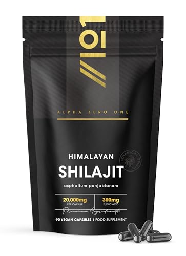 Himilayan Shilajit Capsules 20 000mg - 60% Fulvic Acid - 90 Vegan Capsules - High Strength Shilajit Resin Supplement (3 Months Supply) - Resealable and Recyclable Pouch by Alpha01