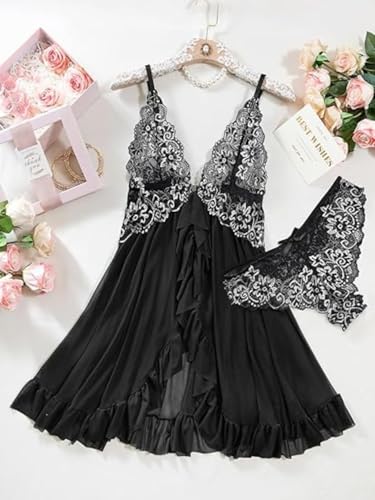 Image of Women's Lace Babydoll Lingerie Set, Black, Deep V-Neck, Sheer Mesh, Ruffle Hem, with Panty