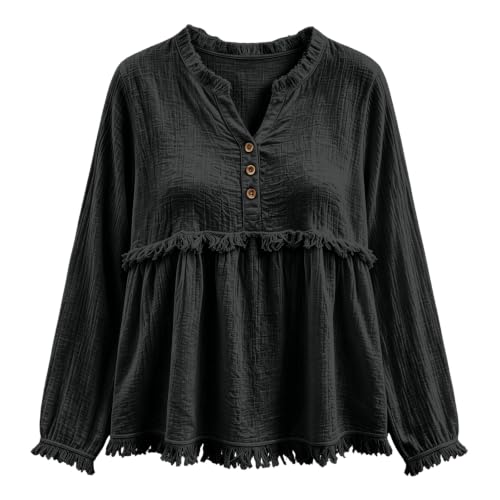 Boho Tops for Women V Neck Button Frayed Hem Shirts Ruffle Trim Pullover - image 4