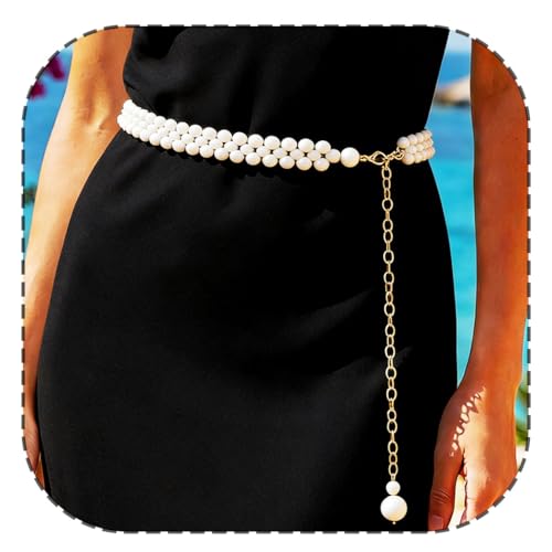 REETAN Pearl Belt Fashion Waist Belts Body Accessories for Women (white)