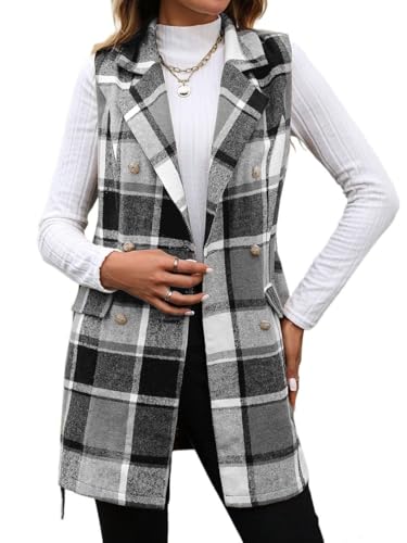 IDEALSANXUN Womens Double Breasted Plaid Vest Tops Fall Winter Sleeveless Blazer Jackets