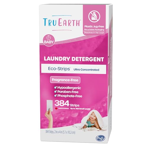 Image of Tru Earth Hypoallergenic Baby Laundry Detergent Sheets/Strips for Sensitive Skin, 384 Count, Up to 768 Loads: Fragrance Free Baby Detergent Laundry Newborn, Children