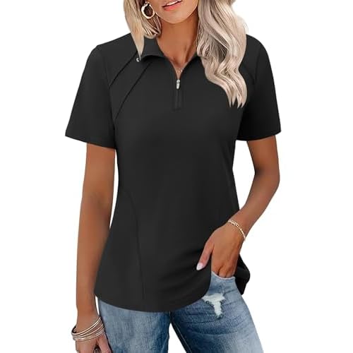 LOMON Womens Golf Polo Shirts Summer Short Sleeve 1/4 Zip Tops Moisture Wicking Casual Tennis Activewear with Pockets Black X-Large