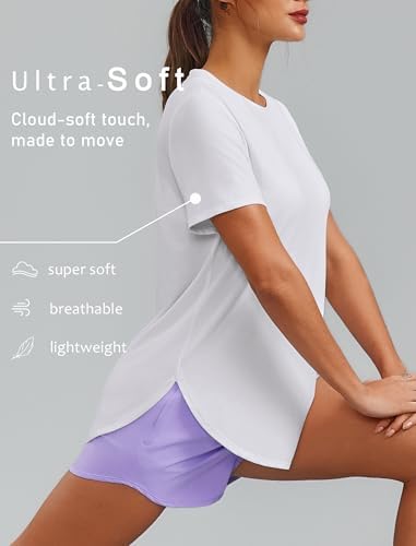 PINSPARK Womens Workout Tops Short Sleeve Running Shirts Sun Protection Gym Hiking Top Quick Dry Exercise T Shirt Crew Neck Fishing Shirt, White Medium — view 4