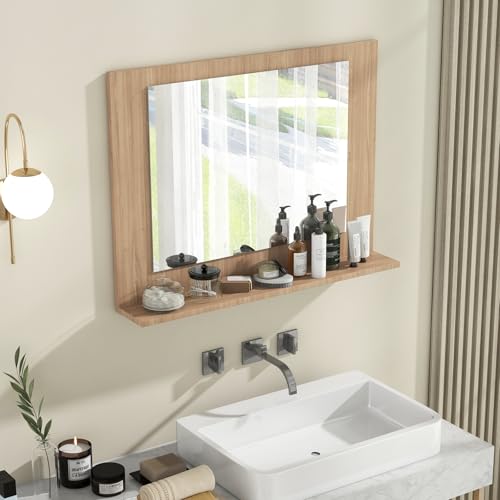 Tangkula Rectangle Wood Bathroom Vanity Mirror w/ Shelf - image 8