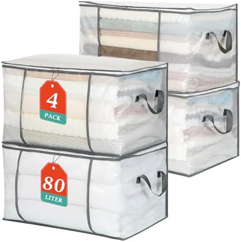 80L Large Clothes Storage Bags, Clear Zippered Clothing Blanket Storage Bag, Closet Organizer Bins, Bedroom Dorm Underbed Storage Container for Comforters, Bedding, Pillow, Moving Bags(4 Pack)
