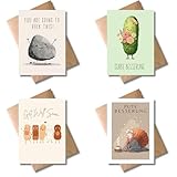 WBdesignz 4er-Set lustige Gute Besserung Karten mit Umschlägen - Gurke, Stein, Pflaster & Pute - Genesungskarten mit Wortspielen - witzige Gesundheitskarten für Freunde, Kollegen & Familie (DIN A6)