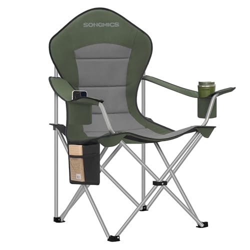 La mejor selección de Silla Chairman - los preferidos. 43 SONGMICS Silla de Camping Portátil, Silla Plegable con Respaldo Alto, Asiento Amplio, Portavasos, Verde y Gris MGCB005CD01