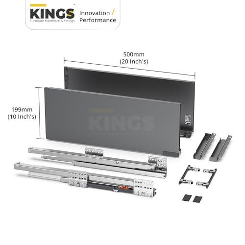 Image of Kings Soft Close Tandem Box Drawer System for Modular Kitchen | Load Capacity Upto 45 Kg | Galvanised Steel, Full Extension Slides- 500mm Length x 199mm Height (10 Inch), Iron Grey- 5 Year Warranty