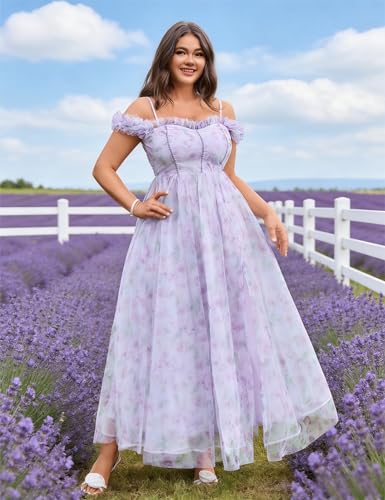 Image of EYWOL Plus Size Formal Wedding Guest Cocktail Party Floral Dress with Slit | Sweetheart, A Line, Midi\Maxi, Tulle, Curvy, Adjustable Straps, Smocked Back, Black Tie, Evening, Gown, Gala, Prom