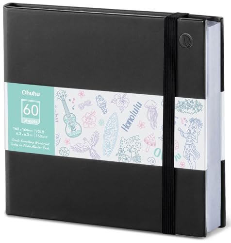 Ohuhu Skizzenbuch für Künstler - Doppelseitig Durchschlagfestes 150g/m² Papier, Quadratisch 16x16 cm - 120 Seiten (60 Blätter), PU-Leder Hardcover Skizzenbuch für Marker & Aquarell